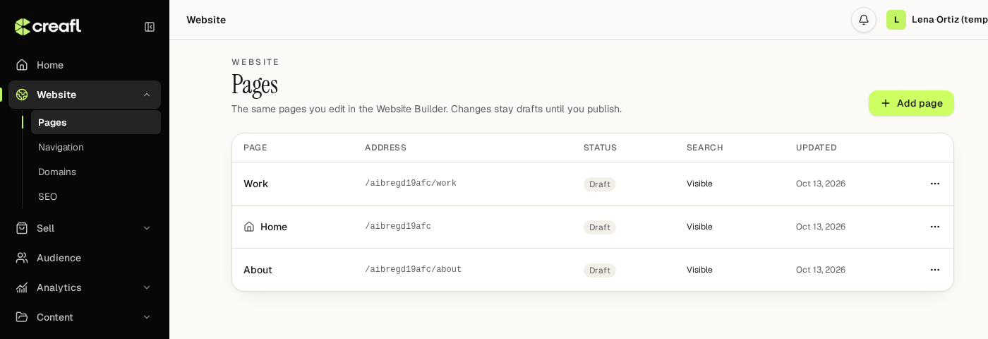 Creafl Website screen